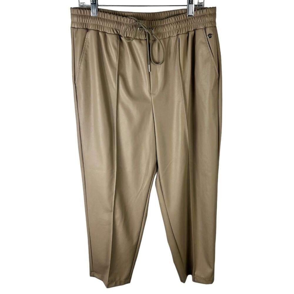 Calia Faux Leather Straight Leg Pant Pull On Elastic Waist Pockets Tan sz L